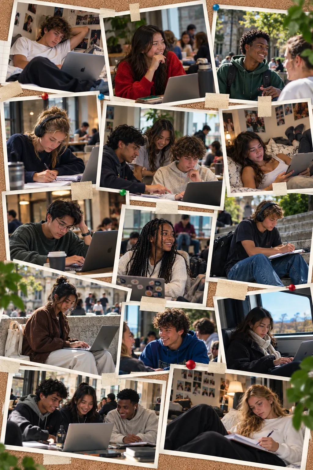 A pinboard of photos of students studying, with friends on campus and out running