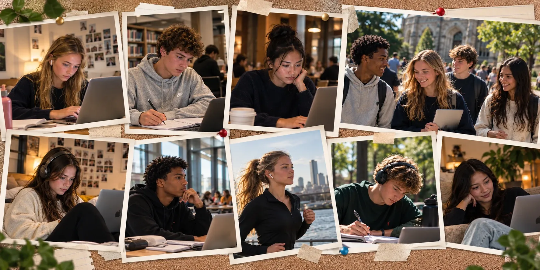 A pinboard of photos of students studying, on campus and out running